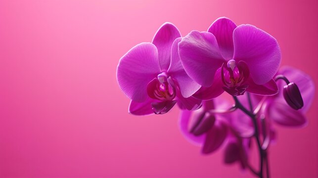 A high-contrast image of a dark purple orchid against a bright background. 