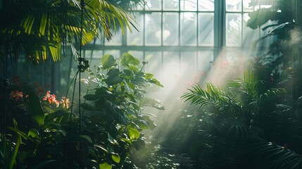 A tranquil image of a tropical greenhouse, with mist softly diffusing the light. 