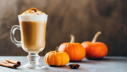 Pumpkin latte with whipped cream in a glass cup and orange pumpkins on a gray background
