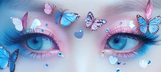 whimsical pretty woman eyes with butterfly sticker and glitter glow diamond dust make up, pink blue tone,  naive  look, Generative Ai - obrazy, fototapety, plakaty