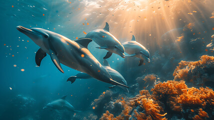 Fototapeta na wymiar group of dolphins in underwater with the sunlight penetration