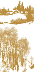 graphic drawing, composition: winter landscape with country cottage, trees and snow, illustration