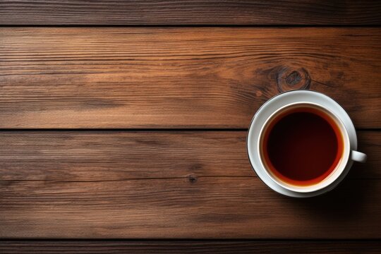 Black Tea in Cup. Hot Beverage with Wooden Background and Copy Space. Top View Closeup of Healthy