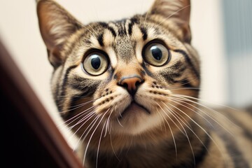 Big Eyes. Tabby Cat Looks Skeptical and Surprised with Wide Eyes. Funny and Cute Portrait of a Pet