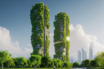 Fototapeta na wymiar Sustainable Green Towers Amidst City. Eco-conscious skyscrapers tower over city with greenery.