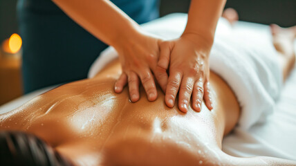 Massage in spa. Masseuse applying hard pressure into sore muscles of female client - Powered by Adobe