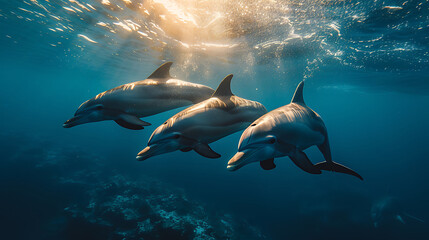 group of dolphins in underwater with the sunlight penetration