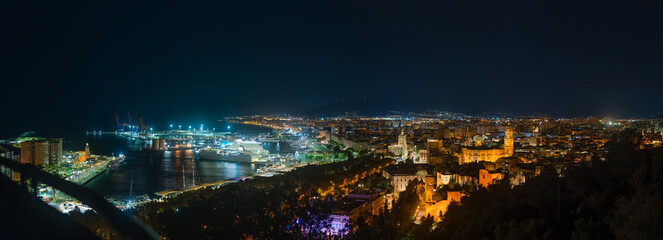 Málaga city at night time - obrazy, fototapety, plakaty