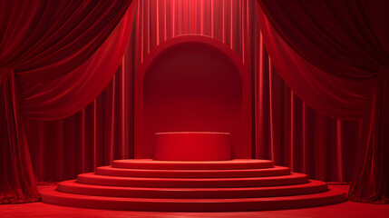 Red podium with a luxurious background, red podium with red curtains, a place to display products, a podium to advertise a product