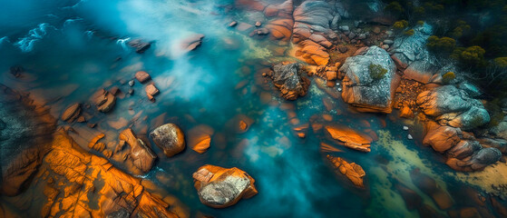 Aerial view of river flowing between rocks, close up.  Beautiful abstract landscape