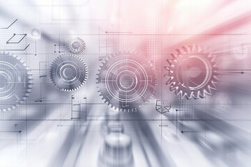 Obraz premium Futuristic gears and cogs mechanism displayed against a panoramic business background, perfect for web banners. Explore the concept of business with this captivating wallpaper