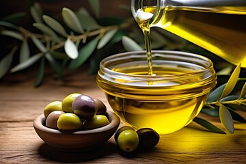 fresh green olives in a bowl with olive oil on wooden table 
