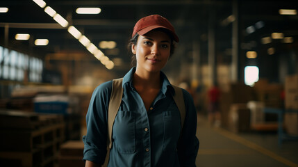 Young logistic blue-collar worker woman with red hat looking at the camera in a warehouse