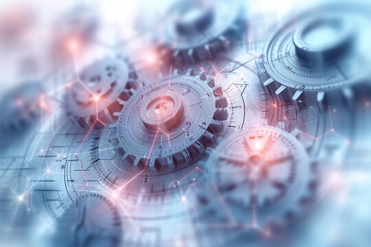 Futuristic gears and cogs mechanism displayed against a panoramic business background, perfect for web banners. Explore the concept of business with this captivating wallpaper
