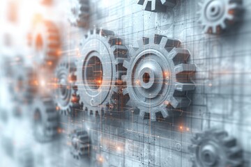 A futuristic display of interconnected gears and cogs set against a panoramic business background, ideal for web banners. This captivating image embodies the essence of innovation and progress in the 