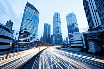 Breathtaking city view captures mesmerizing light trails streaking along bustling streets, painting a vibrant tapestry of urban life