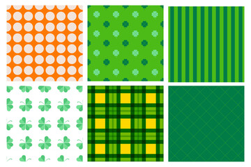St. Patrick's Day seamless pattern set. Saint Patricks holiday tartan plaid ornament in green, orange, white colors. Vector design for party celebration