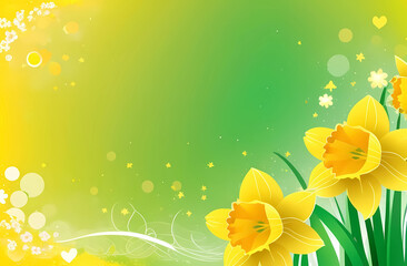 Fototapeta na wymiar Daffodil flowers on a yellow-green gradient background. Postcard. Copy space