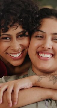 Woman, lesbian couple and hug for love, embrace or support in romance or bonding together at home. Portrait or face of gay female person, LGBTQ or people of pride with smile for relationship at house