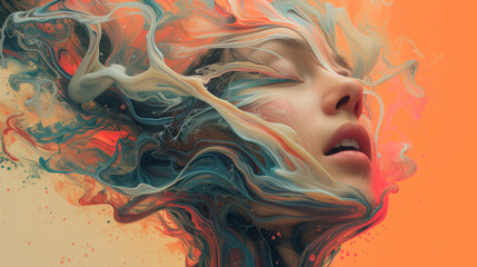  Woman's face with flowing colorful abstract shapes - obrazy, fototapety, plakaty