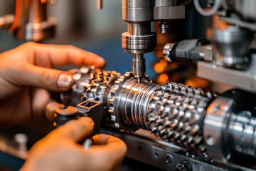 Close-up of precision machinery at work in a factory setting, showing the intricate process of metalworking with a technician's hands.