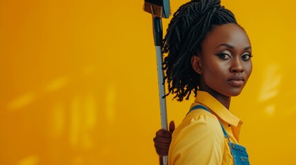 African housekeeper woman holding spray and squeegee over yellow background - obrazy, fototapety, plakaty