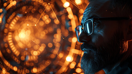 A tech guru with a revolutionary concept, against a metallic bronze backdrop.  - obrazy, fototapety, plakaty