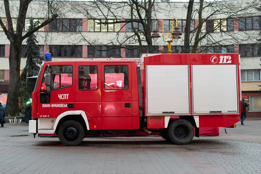 Ivano-Frankivsk, Ukraine - 16 Jan 2023: FIRE TRUCK Iveco FF 95 E 18 4x4 Doka, Euro Fire. Fire Rescue Truck on downtown