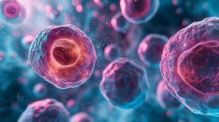 Digital rendering of human cells with a prominent nucleus, showcasing intricate cellular details for medical examination.