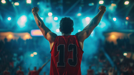 Rear view of a basketball player with raised fist celebrating a win in a vibrant sports arena.