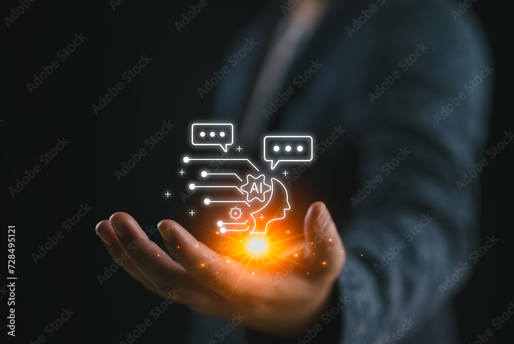 Poster Chatbot Chat with AI, Artificial Intelligence. man using technology smart robot AI, artificial intelligence by enter command prompt for generates something, Futuristic technology transformation.