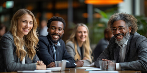 Smiling group of diverse businesspeople working together around a meeting table in an office complex lobby.
