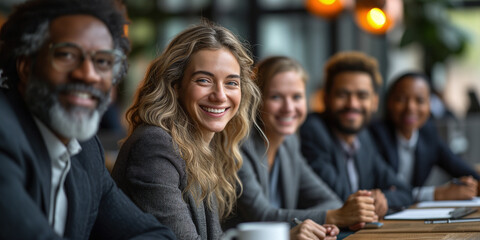 Smiling group of diverse businesspeople working together around a meeting table in an office complex lobby.