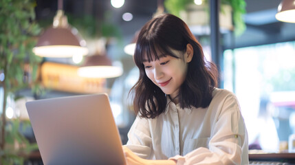明るいオフィスで笑顔で仕事をする若い日本人ビジネスウーマン