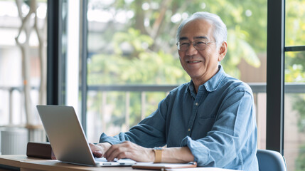 シニアがノートPCと共に笑顔で働く姿
