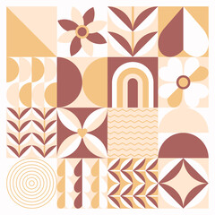 Graphic geometric plants square card in a flat style, natural pattern and lines, tile design. Vector illustration.