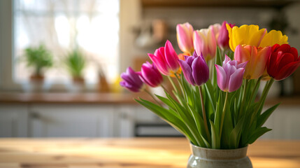 Obraz na płótnie Canvas 春の息吹を感じるカラフルなチューリップの花束とテーブル