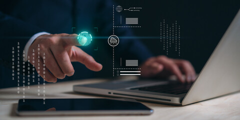 Cyber security and privacy concepts, protect data. Cloud network security technology. Businessman protecting personal data on laptop, virtual screen interfaces.