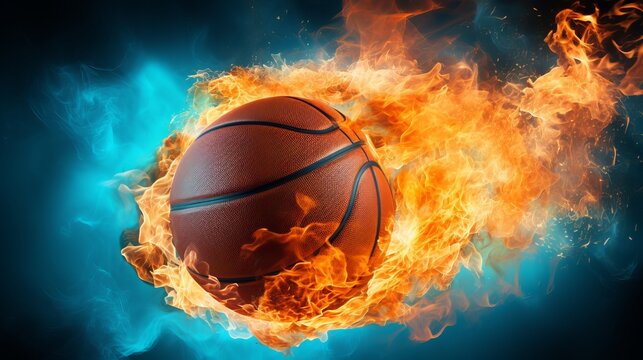 Flying basketball with fire flames.