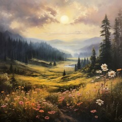 A wildflower landscape in an oil painting style, painting, art on canvas