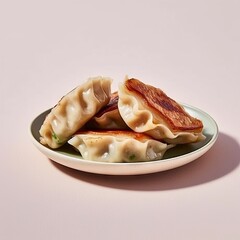 Appetizing dim sum or gyoza garnished with green onions and sesame seeds on a plate with a pink background. Refined, suitable for culinary magazines, restaurant menus and feature articles about orient