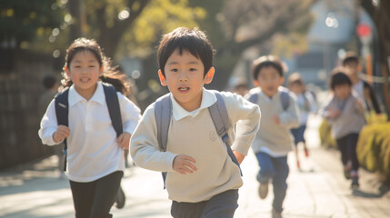 Obraz premium 元気に走り回る日本の小学生たち