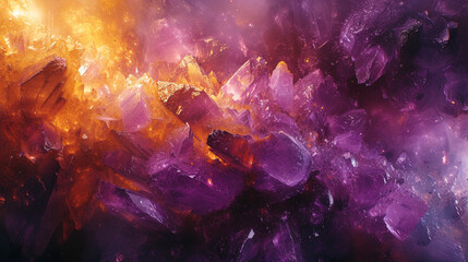 A captivating blend of amethyst and amber paints a mysterious abstract scene, inviting viewers to explore its enigmatic depths. 