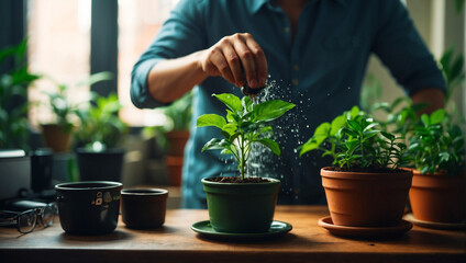 Person watering a small green plant - obrazy, fototapety, plakaty