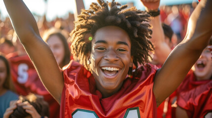 Joyful Teen Football Player Celebrating Victory at Sunset - obrazy, fototapety, plakaty
