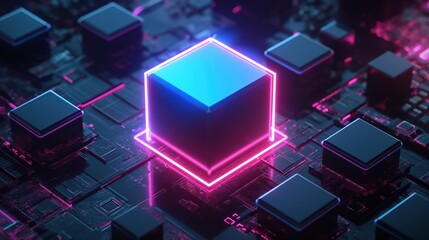Glowing blue purple neon circuit board chip tech background. Generative AI