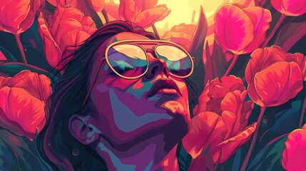 Colorful Pop art abstract illustration of a girl in the glasses meditating among tulips, retro style