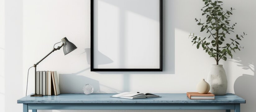3d rendering a frame photo mockup on blue wall with book and metal lamp on table. AI generated image