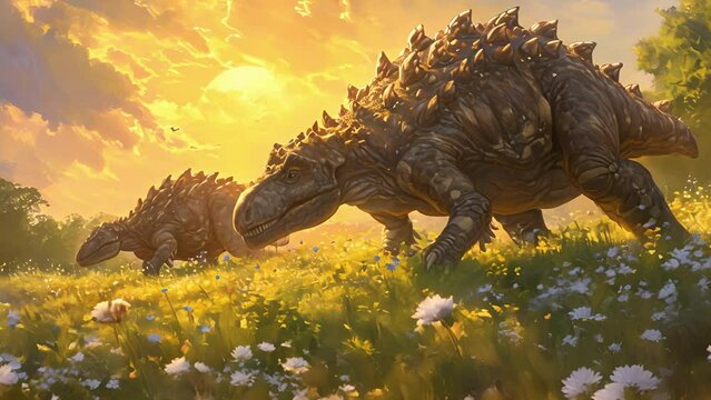 A trio of Ankylosaurs meander through a field of wildflowers their armored bodies glinting in the golden light.