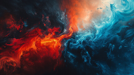 Behold the dynamic clash of fiery red and electric blue, an abstract collision of opposing forces that sparks an explosion of vibrant energy and intensity. 